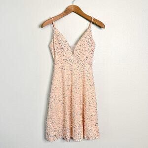 Miss Ord Sequin & Gem Blush Tulle Plunge Neckline Mini Dress Women’s Size Small